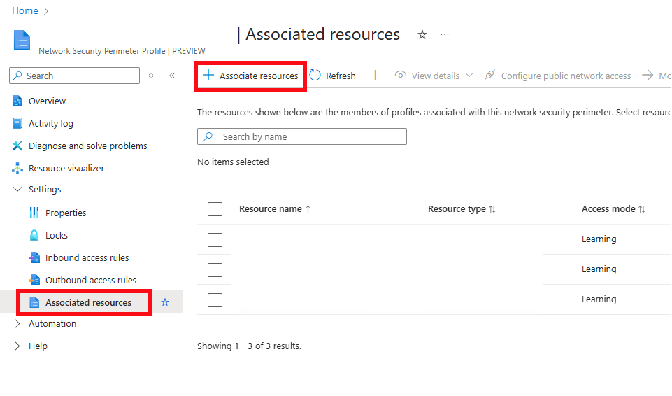 Azure 门户中网络安全外围的关联资源的屏幕截图。