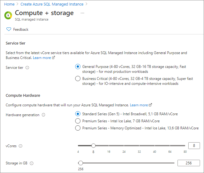 这是一张来自 Azure 门户的截图，显示了配置 SQL 托管实例的位置。
