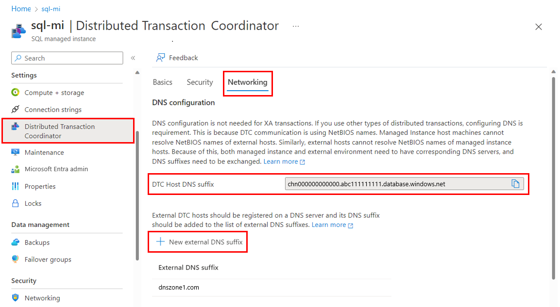 显示 Azure 门户中 SQL 托管实例的 DTC 窗格的“网络”选项卡的屏幕截图，其中突出显示了“新建外部 DNS 后缀”。