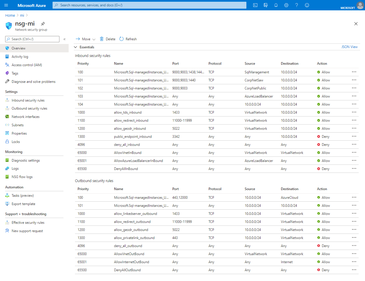 Azure 门户中实例的安全规则的屏幕截图。