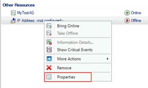 故障转移群集管理器的屏幕截图，显示了打开资源属性的选项。