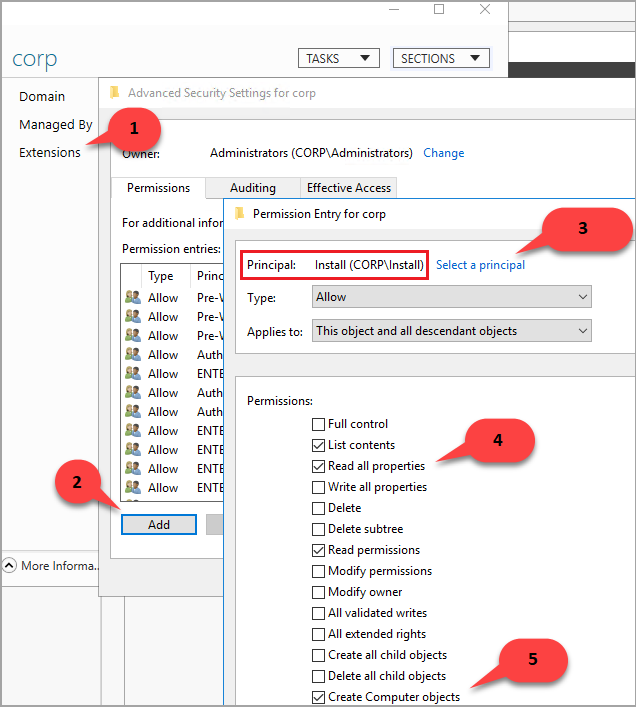 Active Directory 管理中心 - 公司用户权限的屏幕截图