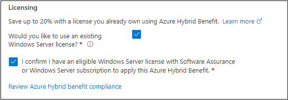 Azure门户中SQL VM许可证选项的屏幕截图。