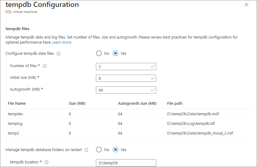Azure 门户 SQL 虚拟机资源页中的 tempdb 配置页截图。