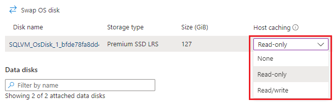 截图显示了 Azure 门户中的磁盘缓存策略配置。