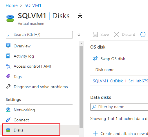 截图显示在 Azure portal 中 VM 磁盘配置窗格。