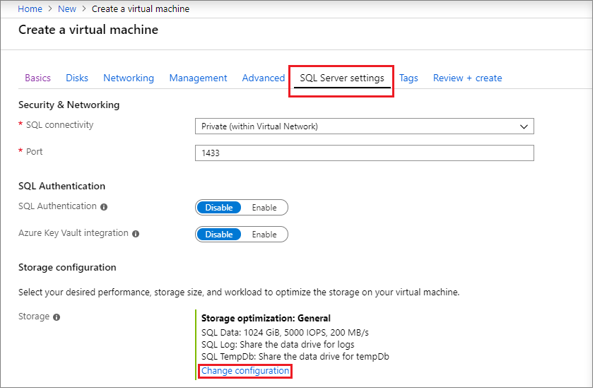 截图突出显示 SQL Server 设置选项卡和更改配置选项。
