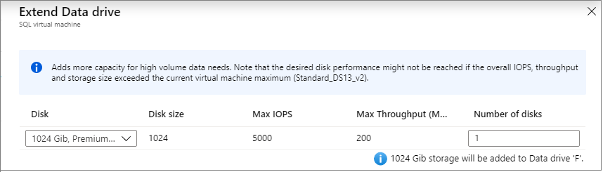 Azure 门户中的屏幕截图，显示了“扩展数据驱动器”页面，用于配置现有 SQL Server VM 的存储。