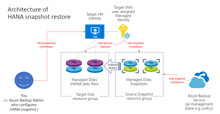 Diagram 显示SAP HANA数据库实例快照还原体系结构。