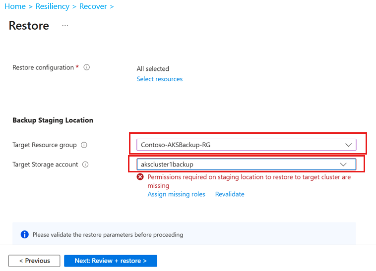 屏幕截图显示从保管库标准存储进行还原时要添加的存储参数。