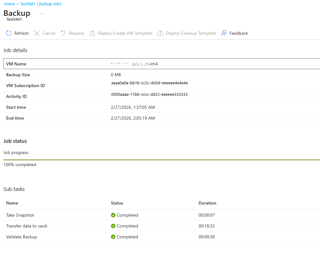 显示备份作业状态子任务的屏幕截图。