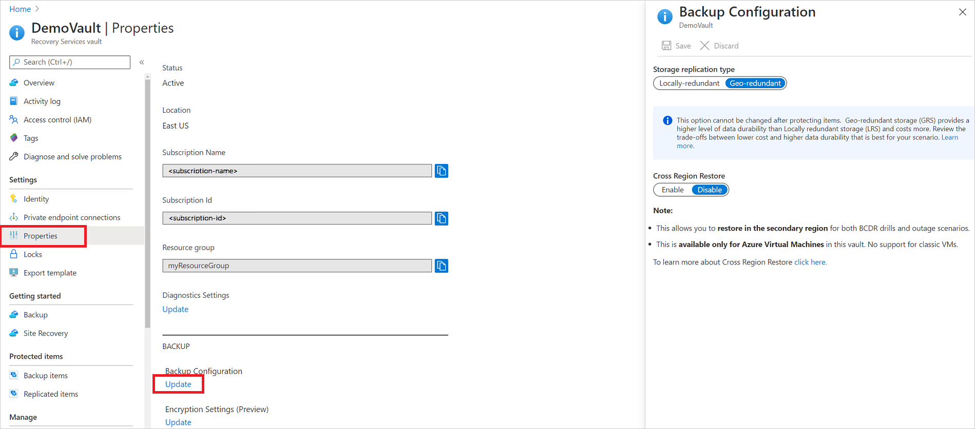 显示为新保管库设置存储配置的屏幕截图。