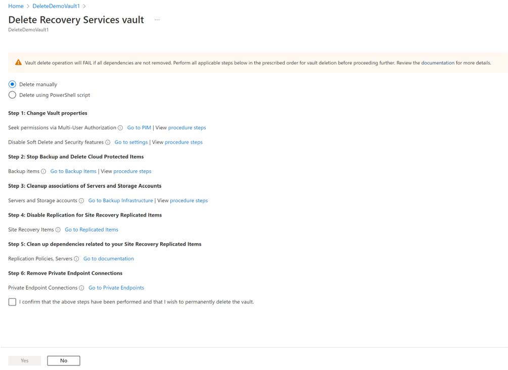 手动删除保管库的步骤截图。