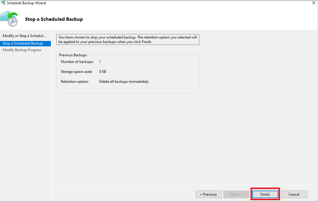 显示停止计划备份的屏幕截图。