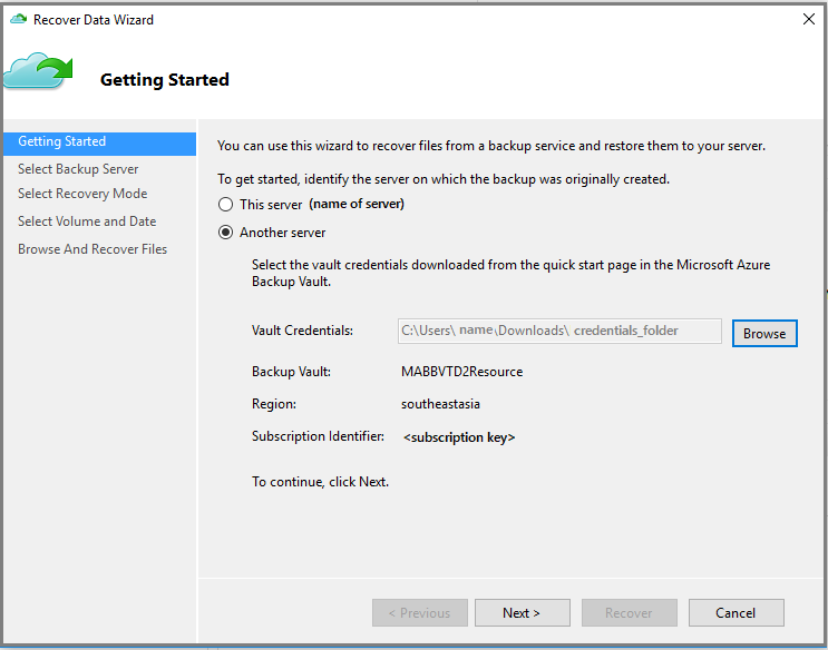 恢复数据向导“开始”页的屏幕截图（还原到备用计算机）