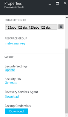 恢复服务保管库属性的屏幕截图