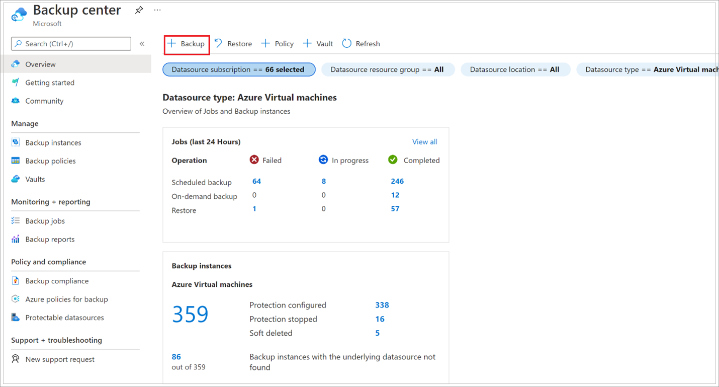 显示备份中心的屏幕截图。