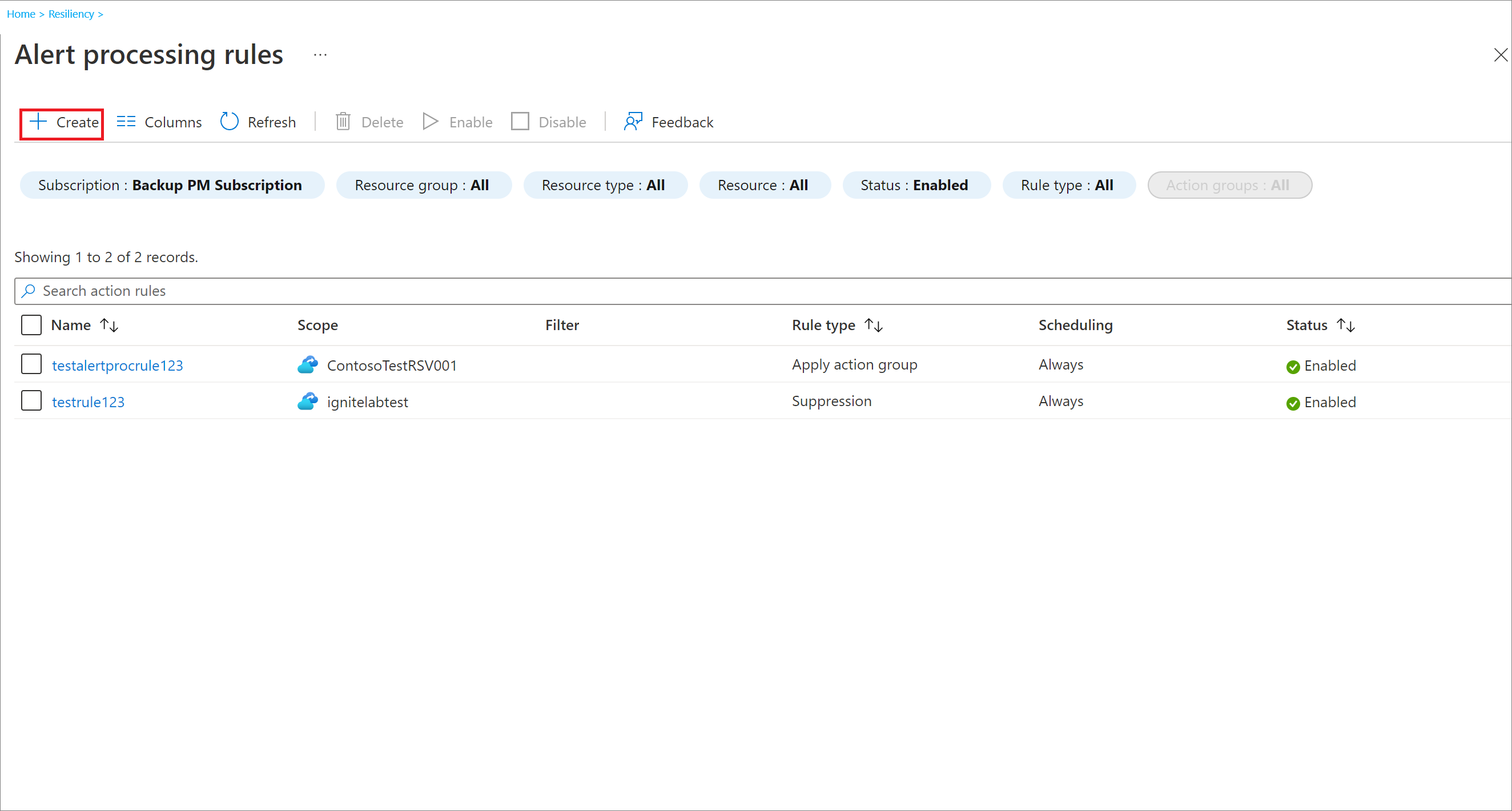 显示新警报处理规则创建的屏幕截图。