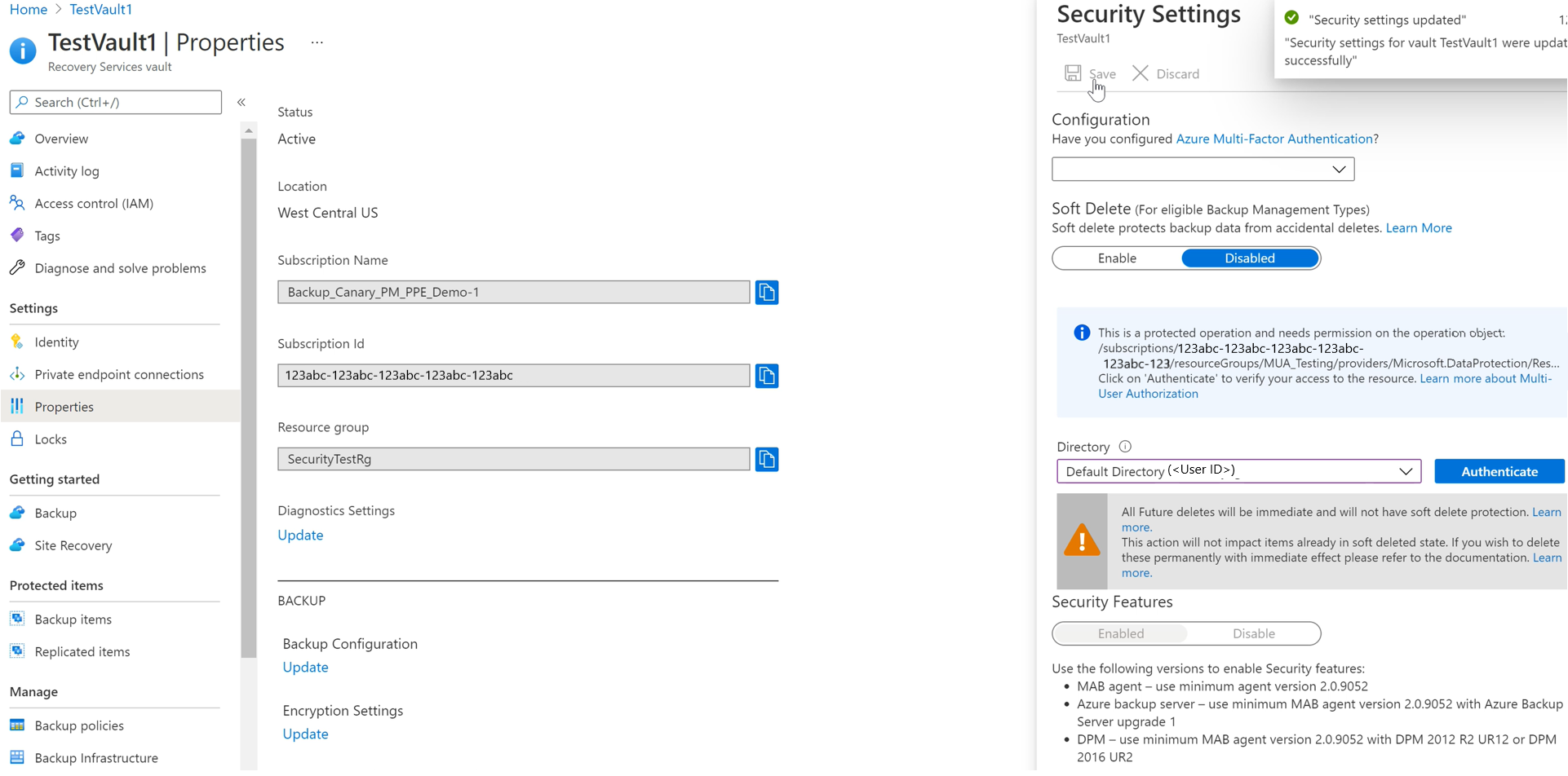 为已启用 MUA 的保管库禁用软删除的屏幕截图。