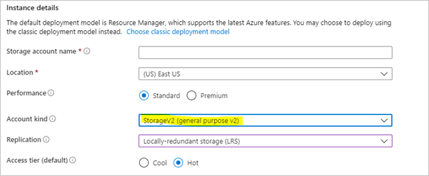 屏幕截图显示如何创建采用资源管理器开发模式的存储帐户。