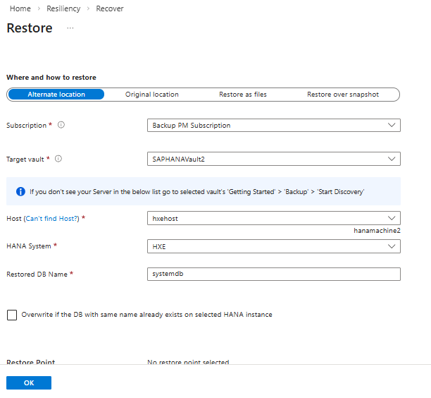显示在何处还原配置的屏幕截图。