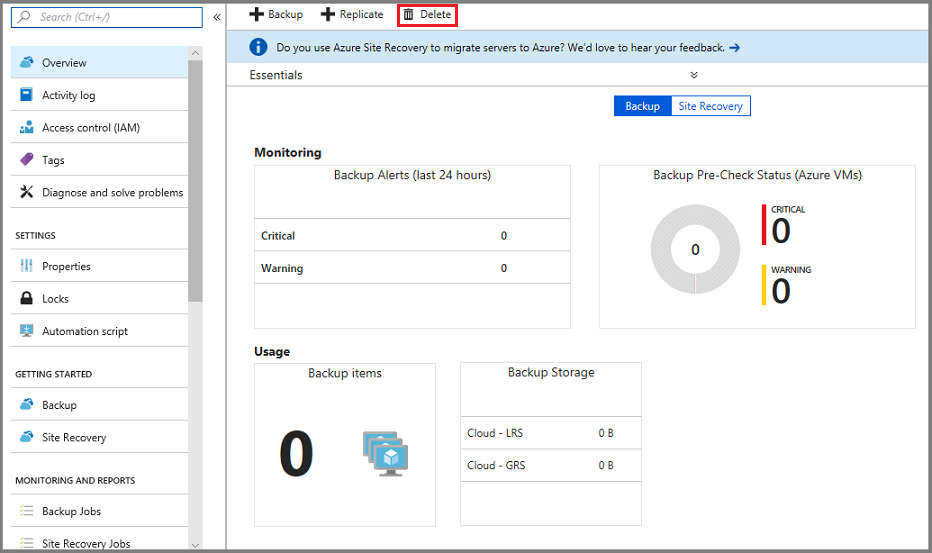 显示空保管库中的“删除”按钮的屏幕截图。