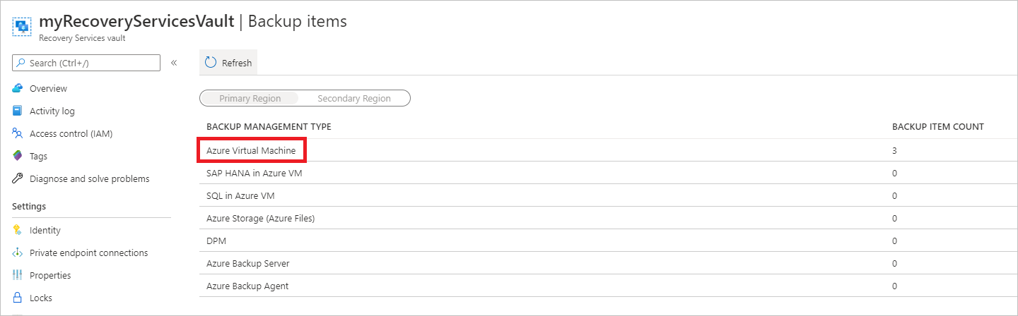 显示备份管理类型的列表的屏幕截图。