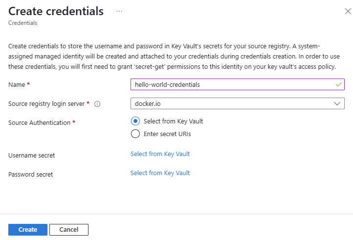 屏幕截图显示在 Azure 门户中输入的用于创建容器注册表凭据的详细信息。
