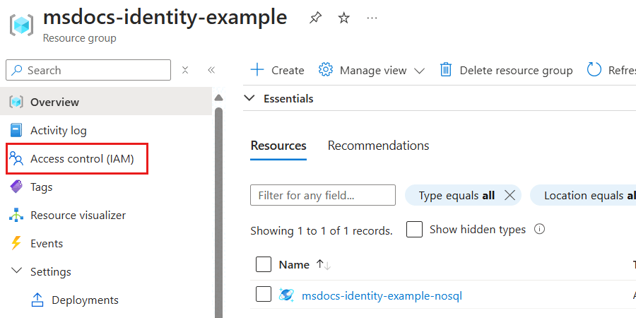 资源组的服务菜单中“访问控制（IAM）”选项的截图