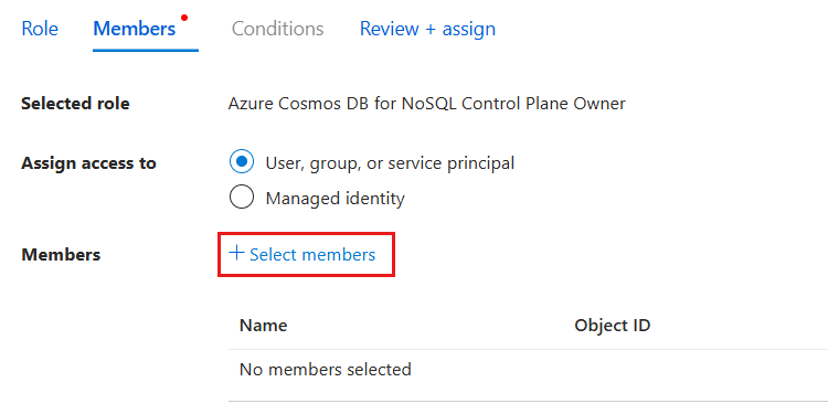 用于添加角色分配的“成员”窗格截图。