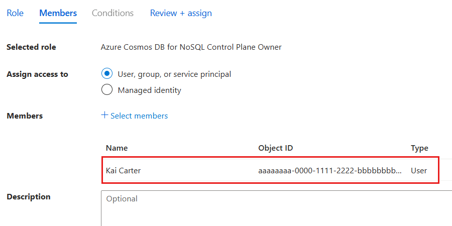 “成员”窗格的屏幕截图，其中显示了分配了角色的选定标识。