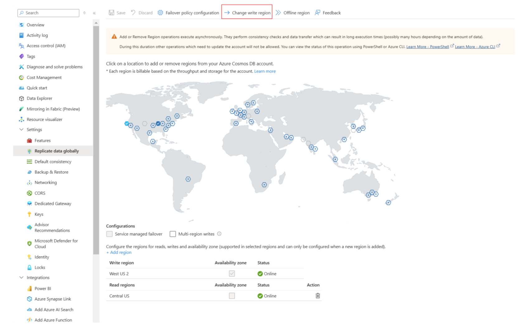 更改写入区域菜单的屏幕截图。