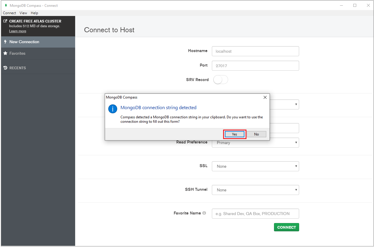 屏幕截图显示了一个对话框，上面解释了您的剪贴板上有一个连接字符串。