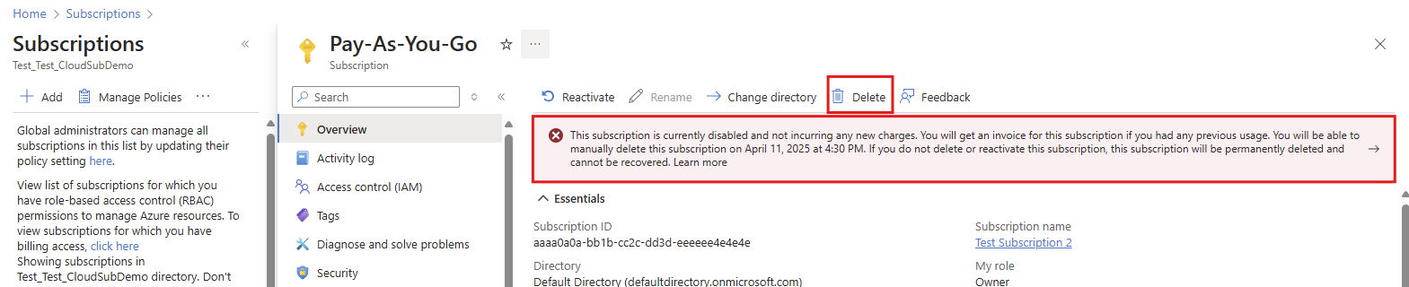 关于删除订阅延迟 3 天的屏幕截图。