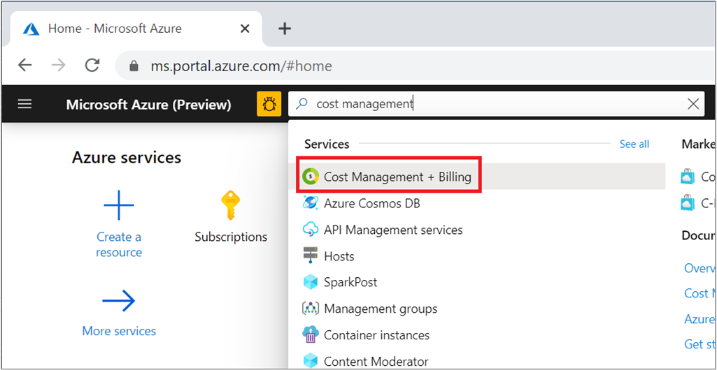 屏幕截图显示 Azure portal 搜索成本管理 + 计费。
