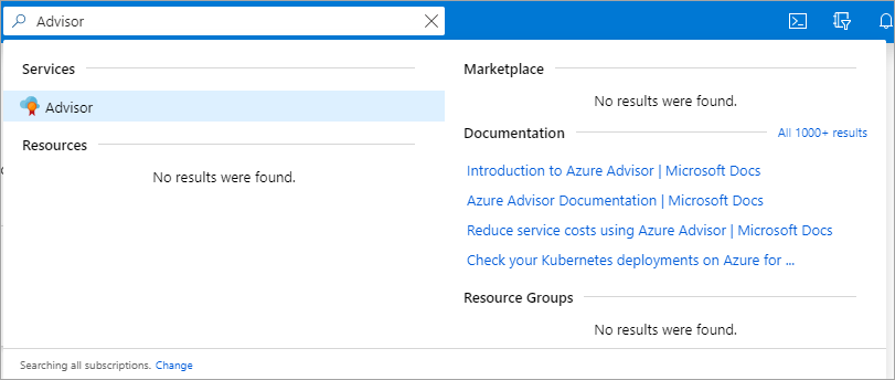 Azure 门户中 Azure Advisor 按钮的屏幕截图。