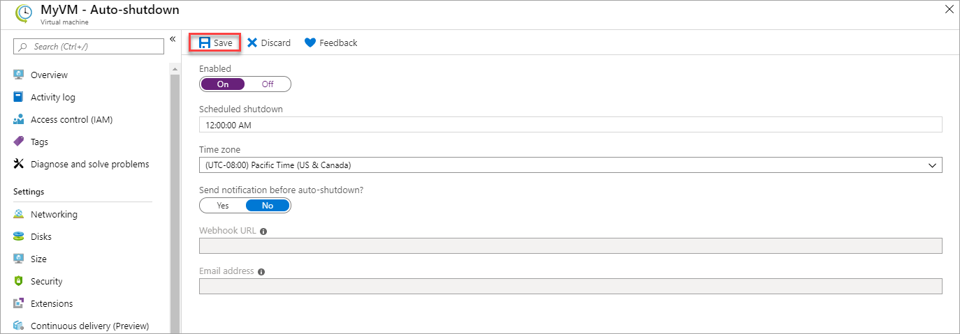 Azure 门户中自动关闭选项的截图。