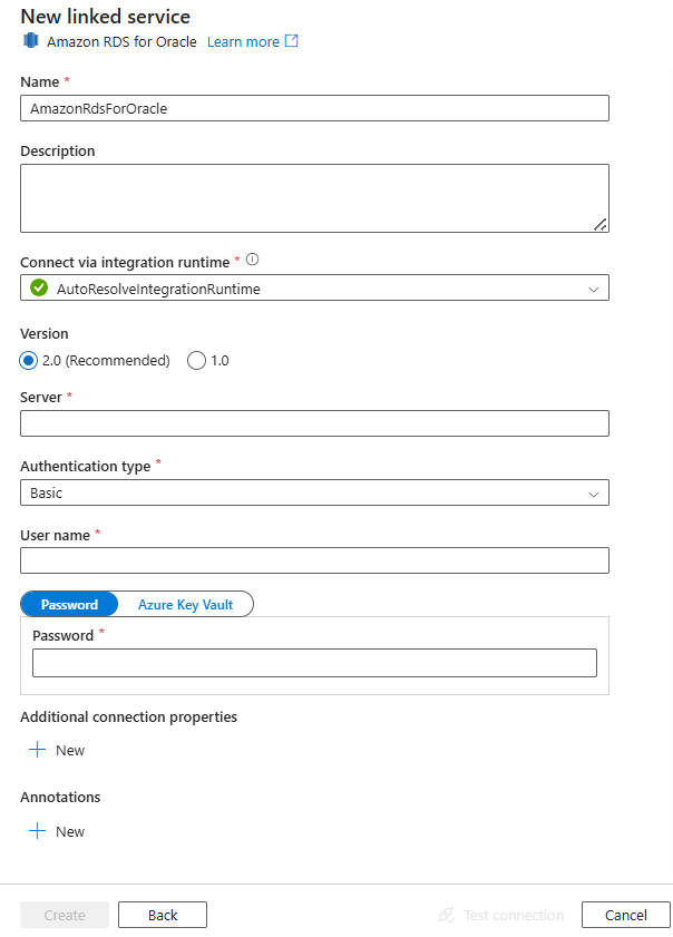 Amazon RDS for Oracle 的链接服务配置的屏幕截图。