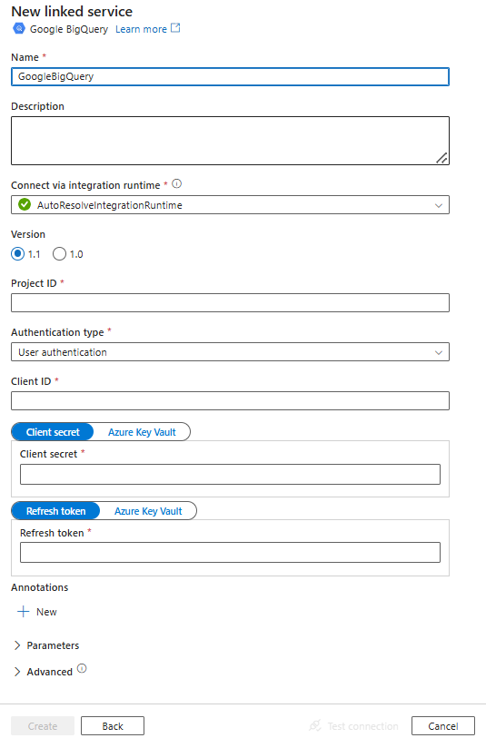 Google BigQuery 的链接服务配置的屏幕截图。