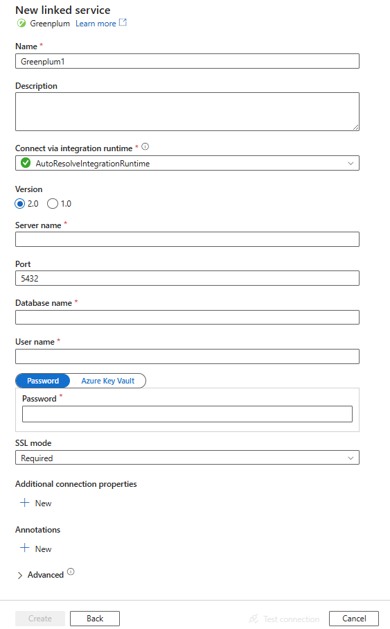 Greenplum 的链接服务配置的屏幕截图。