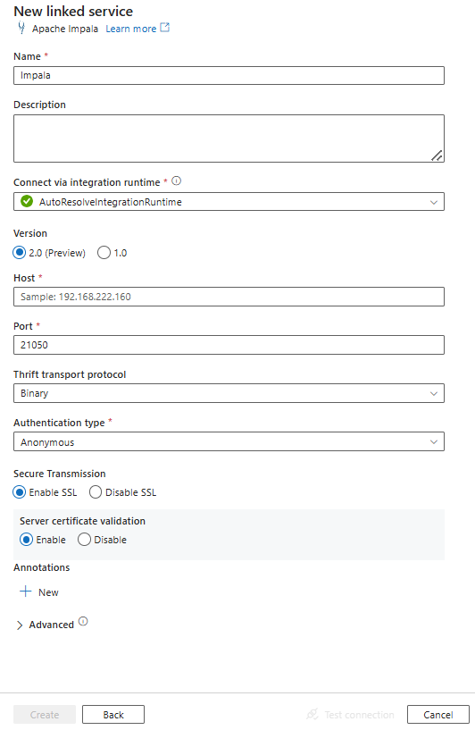 Impala 的链接服务配置的屏幕截图。