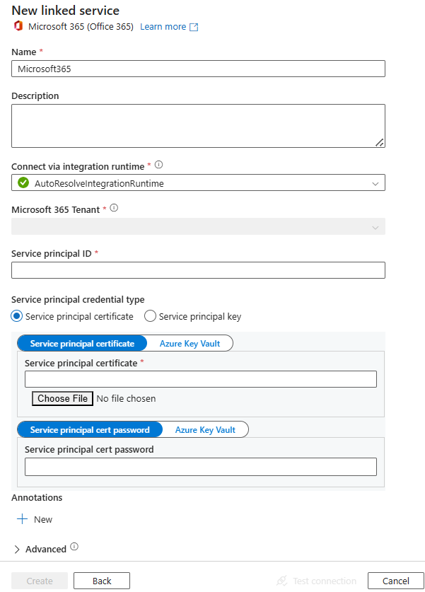 Microsoft 365 (Office 365) 的链接服务配置的屏幕截图。