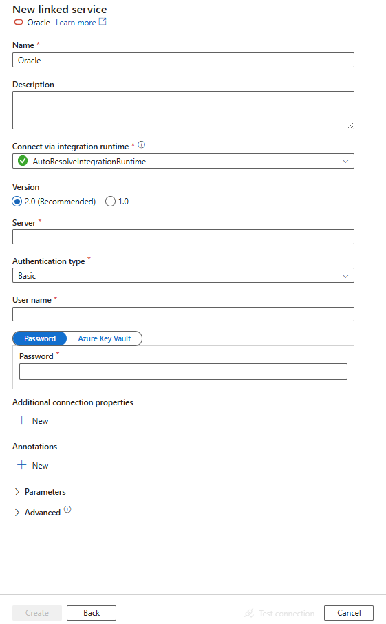 Oracle 的链接服务配置的屏幕截图。