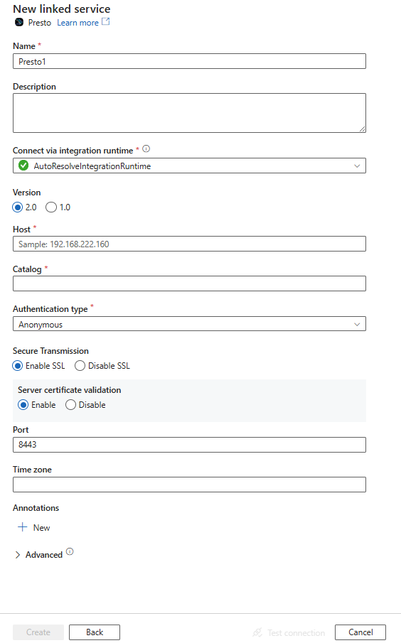Presto 的链接服务配置的屏幕截图。