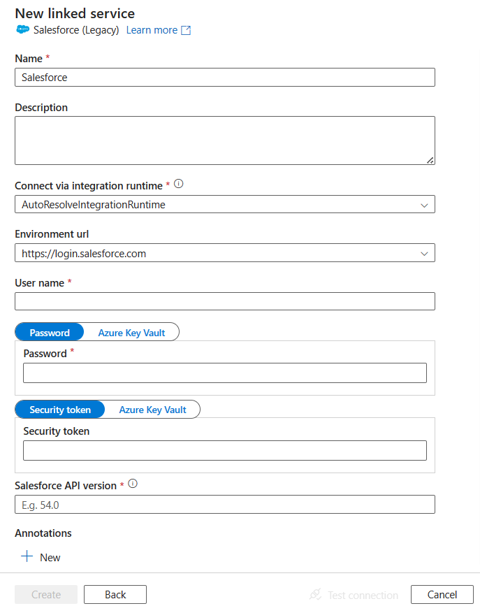 Salesforce 的链接服务配置的屏幕截图。