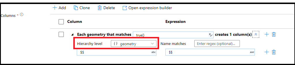 屏幕截图显示了派生列的展平结构。