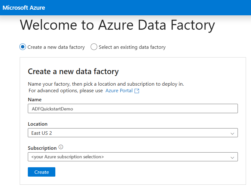 Screenshot，显示用于创建数据工厂的 Azure Data Factory Studio 页面