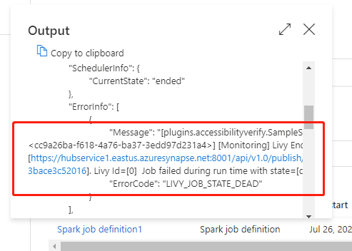 展示 Spark 作业定义活动运行时输出用户错误界面的屏幕截图。