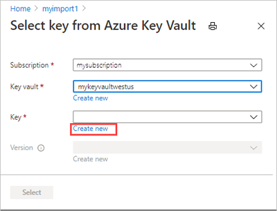 显示在 Azure Key Vault 中创建新密钥的屏幕截图。