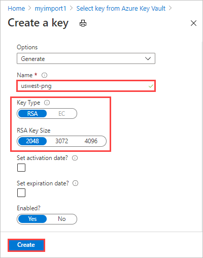 一张显示在 Azure Key Vault 中命名新密钥的屏幕截图。